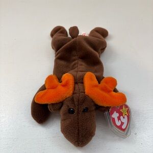 NWT Ty 1993 Chocolate Beanie Baby Plush Moose with Brown Body and Orange Antlers